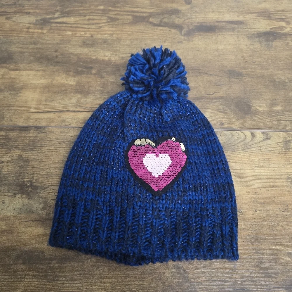 Kids' Blue Heart Pom-Pom Beanie One Size